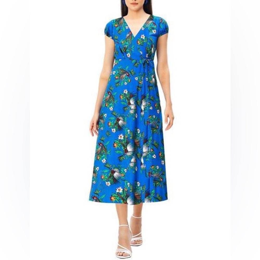 eShakti Women’s size Small Blue Bird Floral Wrap Dress
